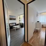 Zwei Räume sind sichtbar: ein Wohnbereich mit Sofa und ein Schlafzimmer mit Schrank.