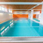 Innenpool mit blauen Fliesen und Holzdecke