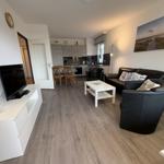 Wohn- und Küchenbereich mit Sofa, Tisch und Fernseher.