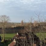 Weitläufige Aussicht auf Felder und Bäume mit Blick auf Dächer.