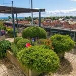 Rooftop-Garten mit Blumenbeeten und Blick auf die Stadt und das Meer.