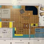 Wohnung mit Schlafzimmer, Wohnzimmer, Küche, Bad und Balkon.