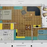 Wohnung mit Wohnzimmer, Schlafzimmer, Küche und Balkon.