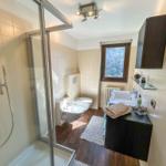 Bathroom with shower, toilet, and sink. Window with view of forest.