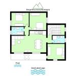 Etagenplan mit Schlafzimmern, Küche, Bad und Poolbereich.