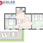 This vacation home has a kitchen, a living room, two bedrooms, and a bathroom.