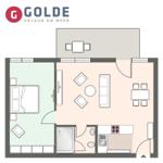 Apartment with bedroom, kitchen, bathroom, and living area with dining space.