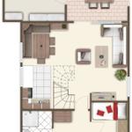 Dieses Ferienhaus hat zwei Schlafzimmer, eine Küche, ein Bad und eine Terrasse mit Tisch und Stühlen.