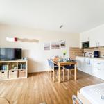 Wohnküche mit Esstisch, TV und Schlafbereich. Moderne Einrichtung und Holzboden.