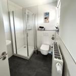 Badezimmer mit Dusche, WC und Waschbecken. Bodenfliesen und Wandfliesen.