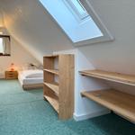 Bedroom with sloped ceilings, wooden shelves, and skylight. Bed, nightstand, and window are visible.