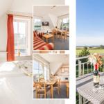 Schlafzimmer, Wohnbereich, Küche und Balkon mit Tisch, Stühlen und Weinkrug.