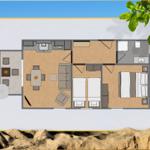 Dieses Ferienhaus hat eine Küche, ein Wohnzimmer, zwei Schlafzimmer und ein Badezimmer.