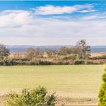 Weitläufiges Feld mit Blick auf einen See und Baumreihe im Hintergrund unter blauem Himmel.