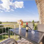 Terrasse mit Tisch, Stühlen, Weinflasche und Blumen. Blick auf grüne Wiesen und Himmel.