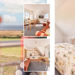 Wohnung mit Blick aufs Meer, Küche, Essbereich und Schlafzimmer mit Blumenbett.