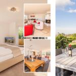 Schlafzimmer mit Bett und TV, Wohnzimmer mit Sofa und Kamin, Terrasse mit Tisch und Aussicht.