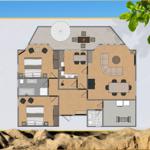 Dieses Ferienhaus bietet zwei Schlafzimmer, eine Küche, ein Bad und eine Terrasse mit Sitzgelegenheiten.