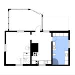 Wohnung mit Küche, Bad und Treppenhaus. Raumübersicht mit schematischer Darstellung.