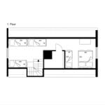 Erdgeschoss-Plan mit Schlafzimmern und Treppe zur nächsten Etage.