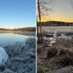 Frostbedeckte Uferlandschaft mit Boot und Holzsteg am See.