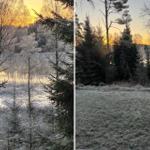 Schneebedeckte Bäume und ein See bei Sonnenuntergang. Frostiger Rasen und Wald im Hintergrund.