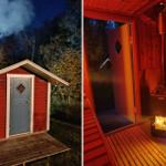 Roter Sauna-Bau mit Dach und Tür. Im Inneren steht ein Holzofen mit Feuer.