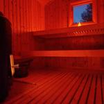 Sauna mit Holzwand, Sitzbänken und Fenster. Heizung und Eimer sichtbar.