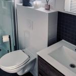 Badezimmer mit Toilette, Dusche und Waschbecken