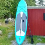 Ein türkisfarbenes Stand-Up-Paddleboard mit Paddel steht vor einem roten Schuppen.