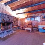 Living room with stone fireplace, wood walls, and sofa.
