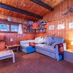 Living room with sofa, armchair, and bookshelf against wood wall.