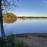 Ein ruhiger See mit Bäumen am Ufer und einem kleinen Inselchen im Wasser.