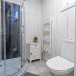 Badezimmer mit Dusche, Toilette und Heizkörper