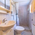 Bathroom with sink, toilet, and shower.