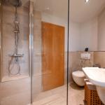 Bad mit Dusche, Waschbecken und Toilette. Fliesenwand und Holztür sichtbar.