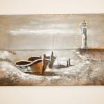 Wandbild mit Leuchtturm, Booten und Möwen an Strand