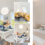 Wohnung mit Essbereich, Küche und Schlafzimmer. Gelber Sofa im Wohnzimmer. 