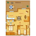 Wohnung mit Küche, Bad, zwei Schlafzimmern und Terrasse mit Sonnenschirm.