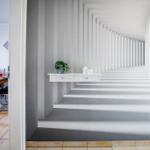 Flur mit Wandtapete, Schrank und Pflanze. Durchgang zu Esszimmer mit Tisch und Stühlen.