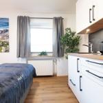 Schlafzimmer mit Bett, Fenster und Küchenzeile mit Arbeitsplatte und Kaffeemaschine.