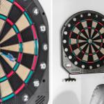 Electronic dartboard mounted on wall, one dart in the bullseye.