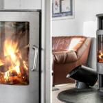 Modern wood stove with burning logs, next to a brown leather sofa.