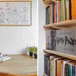 Schreibtisch mit Buch und Brille, Wandbild und Bücherregal mit Harry Potter Sammlung.