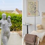 Outside: stone sculpture of a woman with child. Inside: armchair with blanket and lamp.