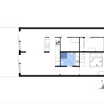 Apartment with kitchen, bathroom, bedrooms, and stairwell.