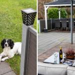 Dog lying in the garden. Terrace with gazebo and seating area.