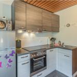 Küche mit Kühlschrank, Mikrowelle und Herd. Holzdecke und Schrankfronten.