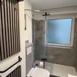 Badezimmer mit Dusche, Fenster und Toilette. Holz- und Metallgestaltung.