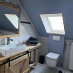 Bathroom with sloped ceiling, sink on wooden counter, toilet, and skylight.